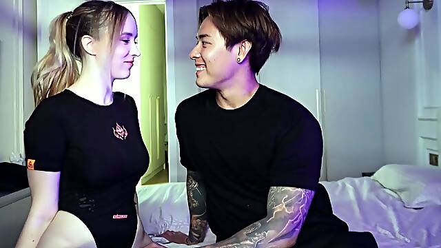 Blonde Russian Beauty Gives Private Attention to Cute Asian