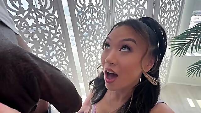 Asian beauty in lingerie fulfills big black cock fantasy