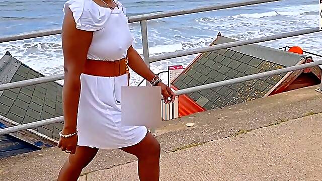 UPSKIRT No panties No hooter-sling in a SEETHROUGH dress in PUBLIC