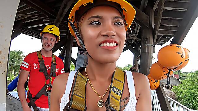 Zipline fun and hot sex at home after for a Thai European couple