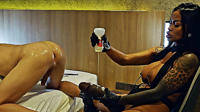 Asian MILF Mistress Inserts Huge Dildo Into Slave Ass