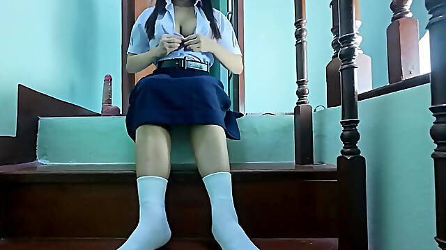 College Student Fake on the Stairs of a Real Thai Solo House
